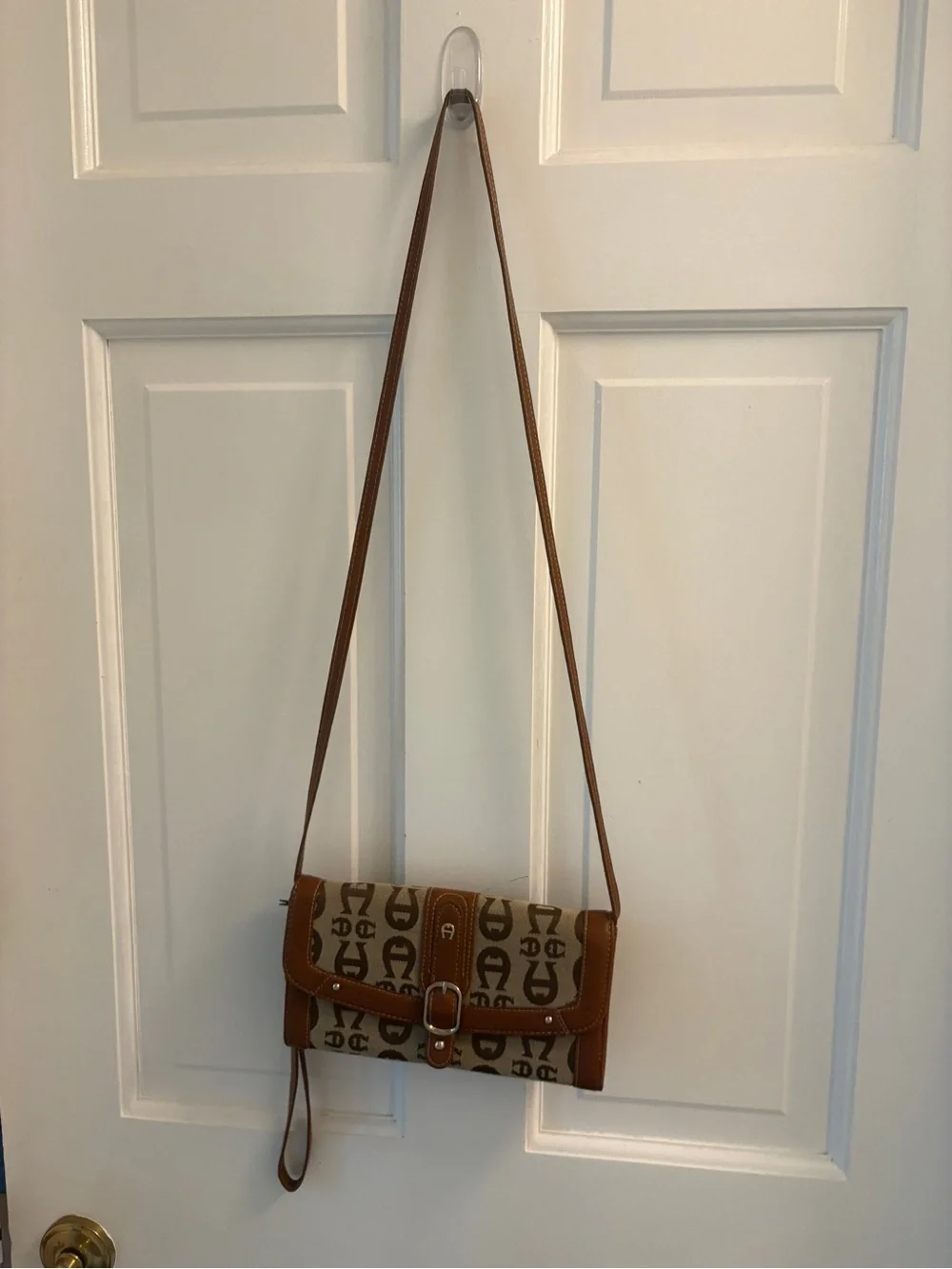 Etienne Aigner Tan and Beige Monogram Crossbody Wallet